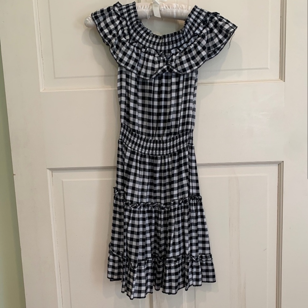 REVOLVE Majorelle off the shoulder black & white ruffle plaid mini dress